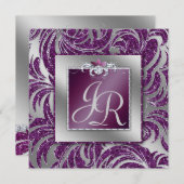 232エレガントなウェディングリーフフローラパープルスパークル 招待状 (正面/裏面)