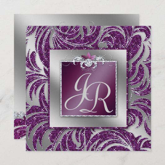 232エレガントなウェディングリーフフローラパープルスパークル 招待状 (正面/裏面)