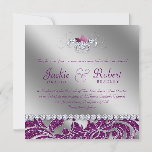 232エレガントなウェディングリーフフローラパープルスパークル 招待状 (裏面)