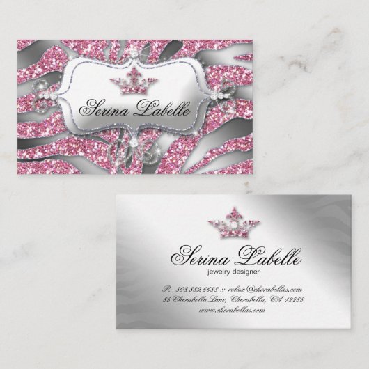 232スパークルジュエリー名刺ゼブラクラウンピンク 名刺 (正面/裏面)