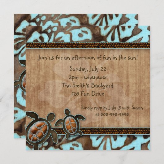 232ルアウ（ハワイ式宴会）パーティの招待状タートルブルー 招待状 (正面/裏面)