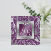 232 エレガントなウェディング リーフ フローラル パープル スパークル 招待状 (スタンド正面)