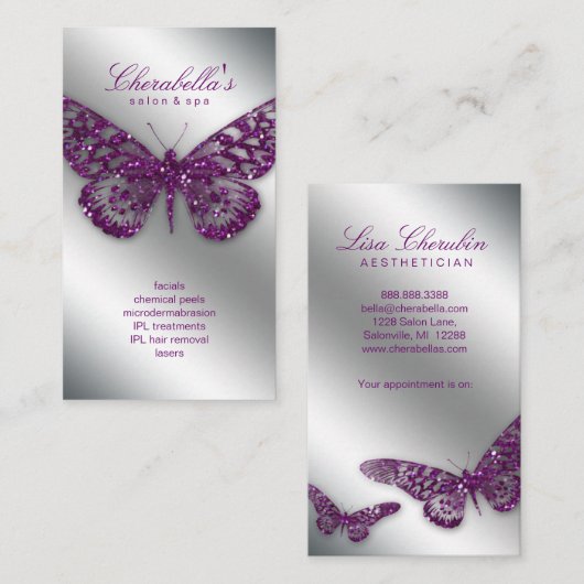 233美しい名刺サロンバタフライパープル 予約カード (正面/裏面)