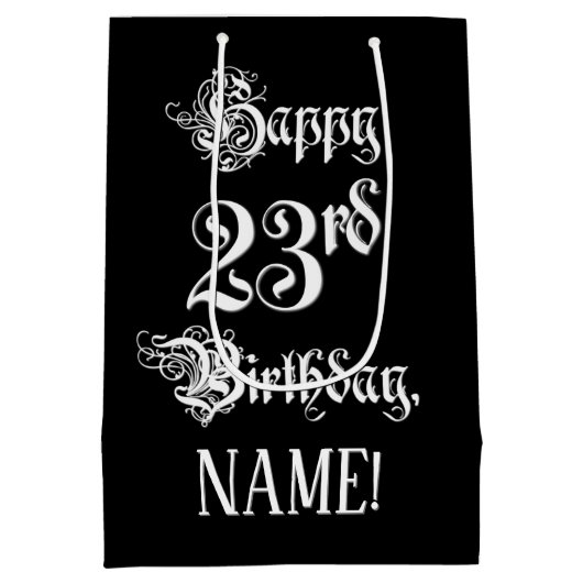 23rd Birthday: Fancy, Elegant Script + Custom Name ミディアムペーパーバッグ (裏面)