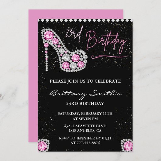 23rd birthday invitation Diamond Glam Pink Silver  招待状 (正面/裏面)