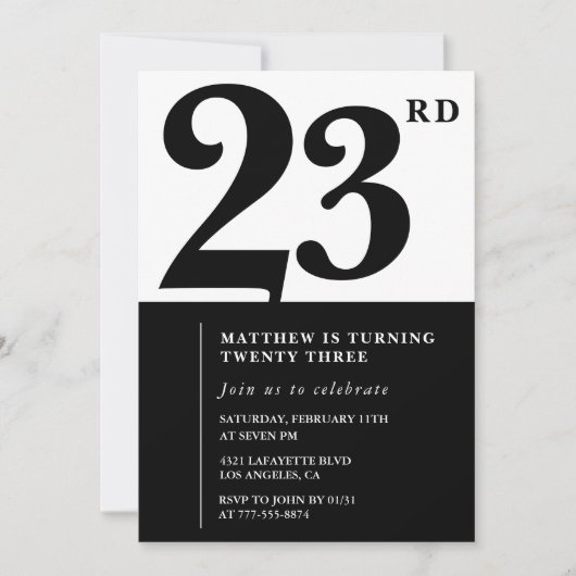 23rd birthday invitations Black and White Elegant 招待状 (正面)