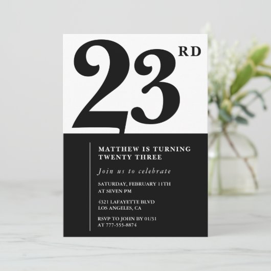 23rd birthday invitations Black and White Elegant 招待状 (スタンド正面)