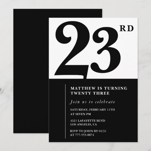 23rd birthday invitations Black and White Elegant 招待状 (正面/裏面)