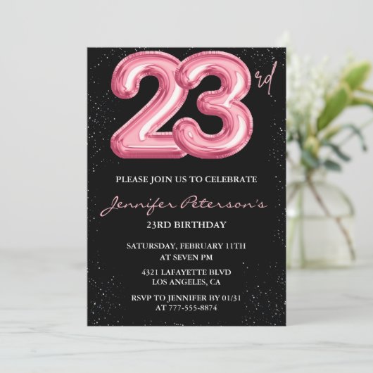 23rd birthday invitations Pink Balloon Glam Black  招待状 (スタンド正面)