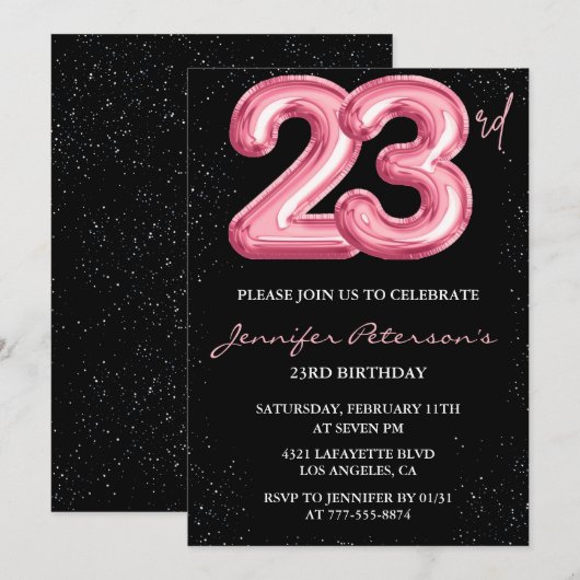 23rd birthday invitations Pink Balloon Glam Black  招待状 (正面/裏面)