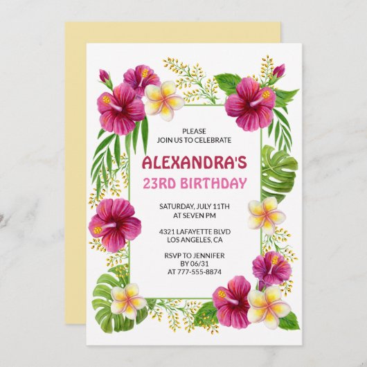 23rd birthday invitations Tropical Floral Pink 招待状 (正面/裏面)