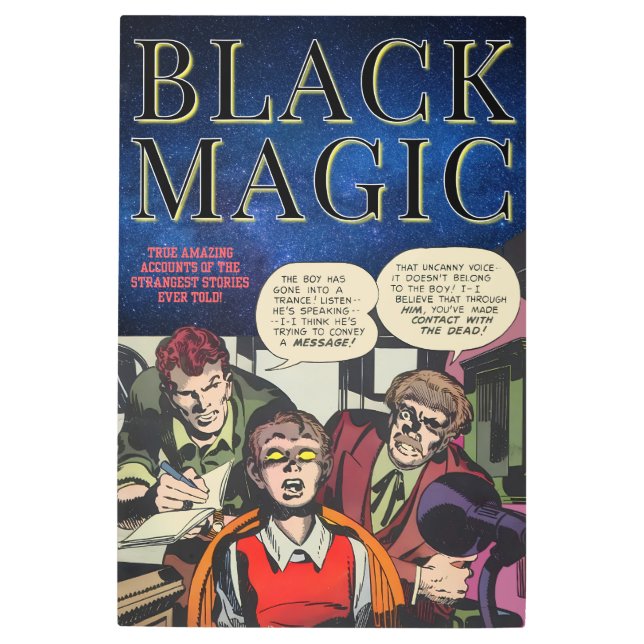 24インチx 36インチブラック魔法レトロホラーヴィンテージ漫画 メタルプリント (正面)