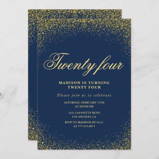 24エレガント歳の誕生日の招待ネイビー金ゴールドグリッター 招待状 (正面/裏面)