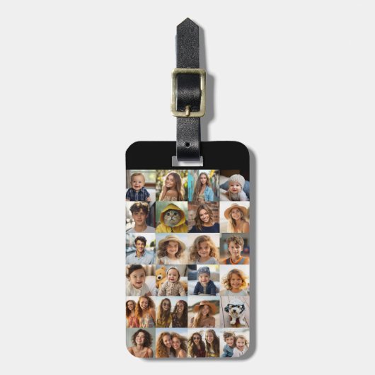 24フォトコラージグリッド – 黒と白の文字 ラゲッジタグ (正面縦)