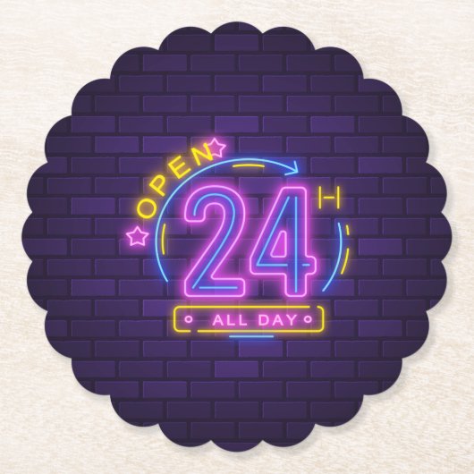 24時間オープンネオンサインのテンプレート ペーパーコースター (正面)