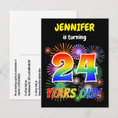 24歳の誕生日おめでとう - 楽しい花火と虹色の"24" ポストカード (正面/裏面)