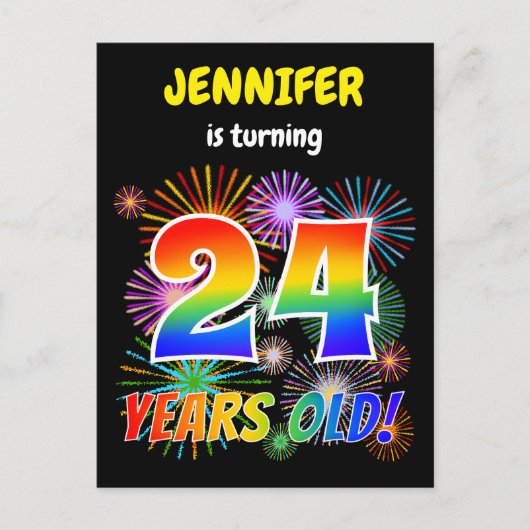 24歳の誕生日おめでとう - 楽しい花火と虹色の"24" ポストカード (正面)