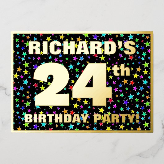 24歳の誕生日パーティー - 面白くてカラフルな星柄 箔招待状 (正面)