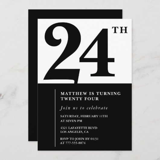 24歳の誕生日招待状白黒エレガント 招待状 (正面/裏面)