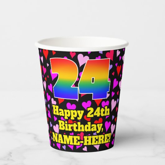 24歳の誕生日: ラブハート柄 レインボー24 紙コップ (正面)