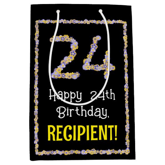 24歳の誕生日：花の数字と名前入りカスタム ミディアムペーパーバッグ (正面)