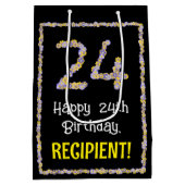 24歳の誕生日：花の数字と名前入りカスタム ミディアムペーパーバッグ (裏面)