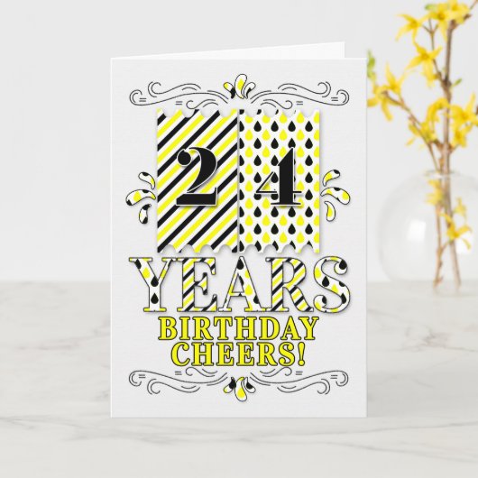 24番目の誕生日イン黄色と黒のスストライプテアドロップ カード (黄色い花)
