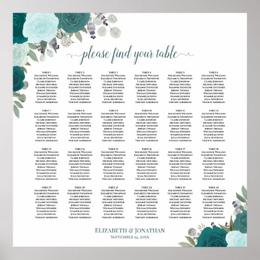 24表ティール（緑がかった色）エレガントバラの結婚座席表 ポスター (正面)