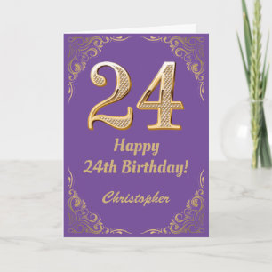 24誕生日パープルと金ゴールドグリッターフレーム カード