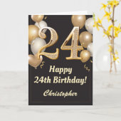 24誕生日ブラックおよび金ゴールドバルーン紙吹雪 カード (黄色い花)