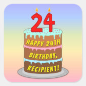 24誕生日:おもしろいケーキとキャンドル+名前をカスタムする スクエアシール (正面)