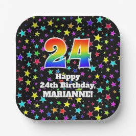 24誕生日:おもしろいスター柄と虹"24" ペーパープレート