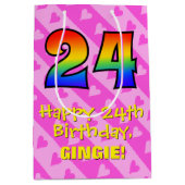 24誕生日:おもしろいピンクハートストライプ、レインボー24 ミディアムペーパーバッグ (正面)