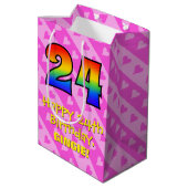 24誕生日:おもしろいピンクハートストライプ、レインボー24 ミディアムペーパーバッグ (裏面アングル)