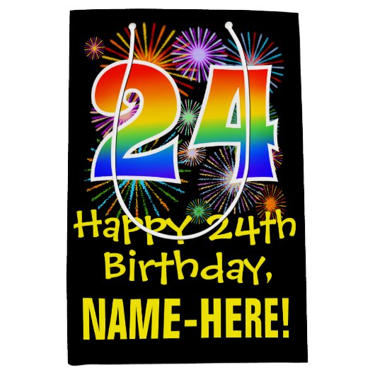 24誕生日:おもしろい花火パターン+虹24 ミディアムペーパーバッグ (正面)