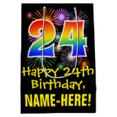 24誕生日:おもしろい花火パターン+虹24 ミディアムペーパーバッグ (裏面)
