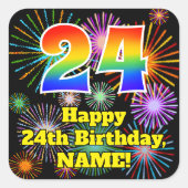 24誕生日:おもしろい花火ルック、虹# 24 スクエアシール (正面)