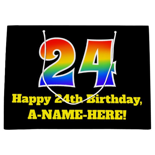 24誕生日~おもしろい, カラフル, 鮮やか, Rainbow 24 ラージペーパーバッグ (正面)