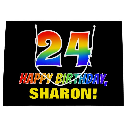 24誕生日:はっきりした,おもしろい,シンプルレインボー24 ラージペーパーバッグ (正面)