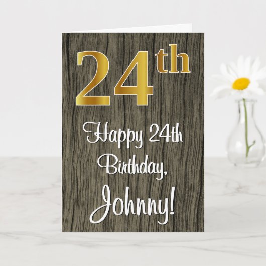 24誕生日:エレガントフェイク金ゴールドルック#,フェイク Wood カード (小さな植物)