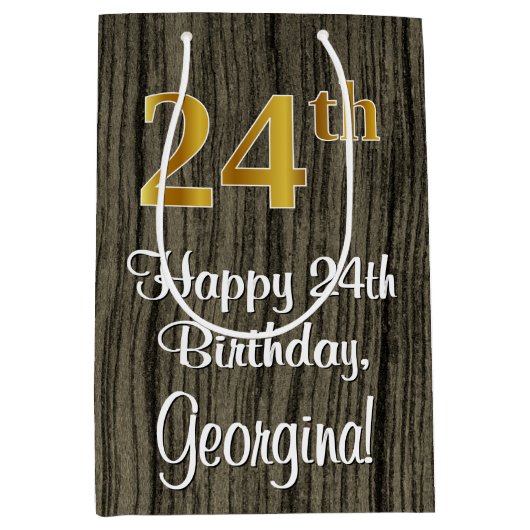 24誕生日:エレガントフェイク金ゴールドルック#,フェイク Wood ミディアムペーパーバッグ (正面)