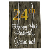 24誕生日:エレガントフェイク金ゴールドルック#,フェイク Wood ミディアムペーパーバッグ (裏面)