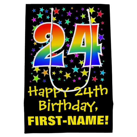 24誕生日:カラフルスターズパターン&レインボー24 ミディアムペーパーバッグ (裏面)