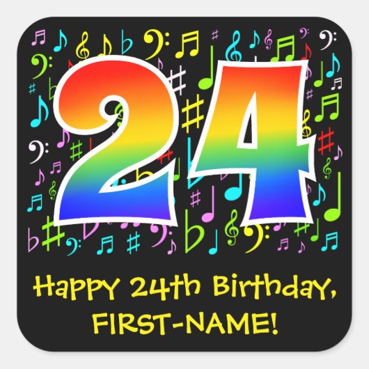 24誕生日:カラフルMusic Symbols, Rainbow 24 スクエアシール (正面)
