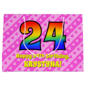 24誕生日:ピンクストライプのハート、レインボー# 24 ラージペーパーバッグ (正面)