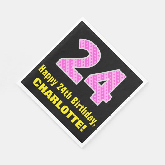 24誕生日：ピンクストライプ色のハートと"24" +名前 スタンダードランチョンナプキン (角)