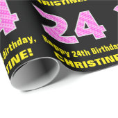 24誕生日：ピンクストライプ色のハートと"24" +名前 ラッピングペーパー (ロールコーナー)