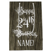 24誕生日: ファンシー, フェイク Wood Look +名前をカスタムする ミディアムペーパーバッグ (裏面)