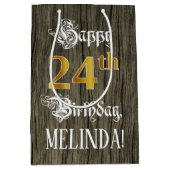 24誕生日:フェイク金ゴールドルック&ウッドフェイクパターン ミディアムペーパーバッグ (正面)