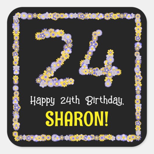 24誕生日:フローラ花数名前をカスタムする スクエアシール (正面)